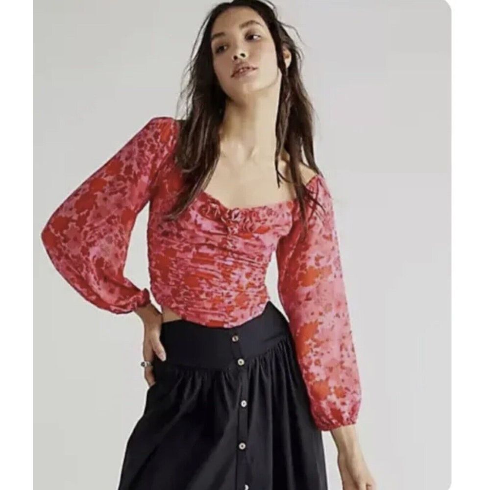 Free People Oh Lala Top Size XS Pink & Red Rose Ruched Shirred NWOT $108 - Picture 1 of 10